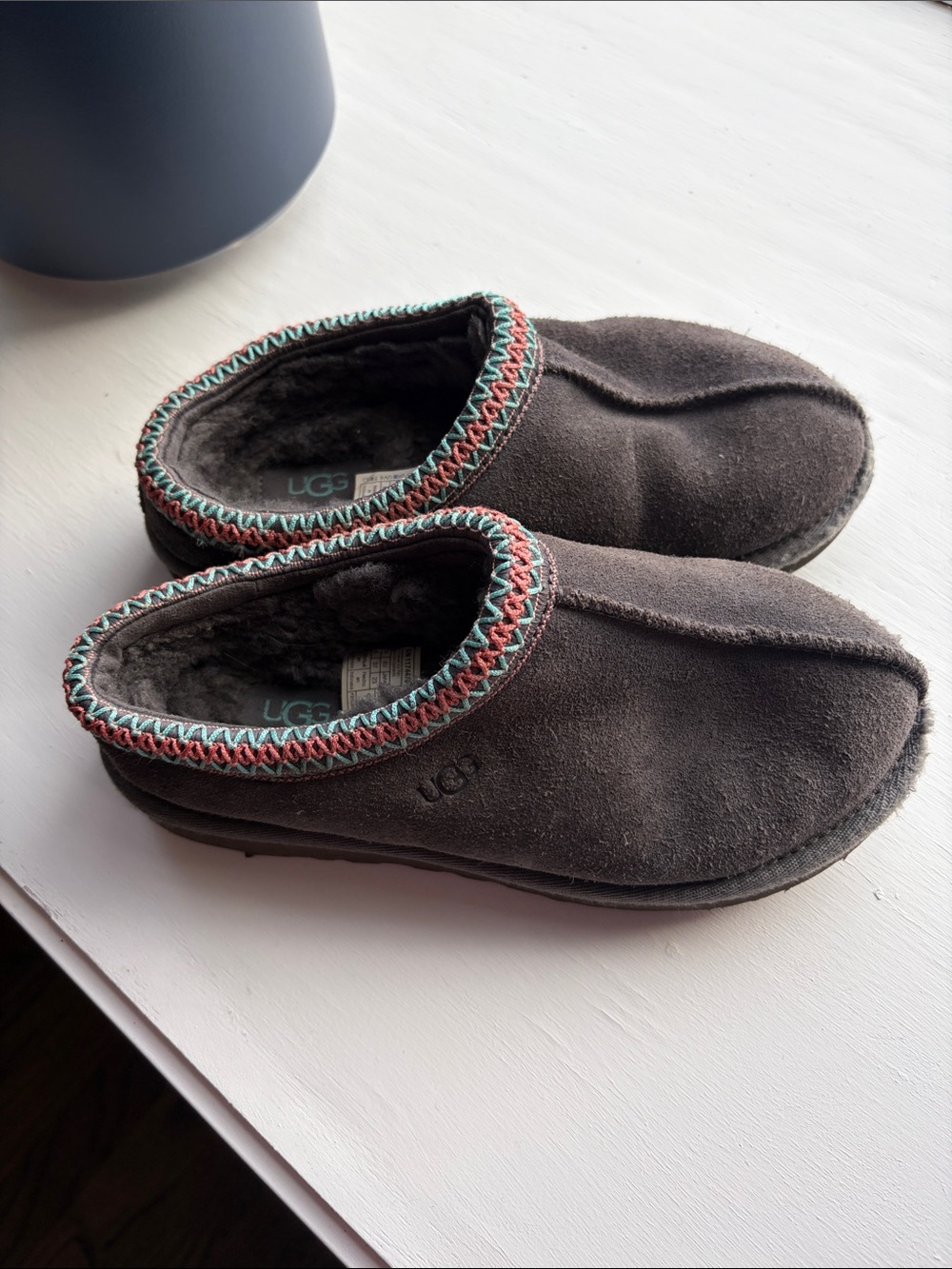 UGG Gray Tasman Suede Slip-On Slippers with Colorful Trim